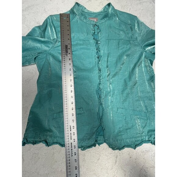 Chico's Women's Size 3 Blue 3/4 Sleeve Coat Jacket Lightweight Lined Ruffle Edge - Picture 9 of 9